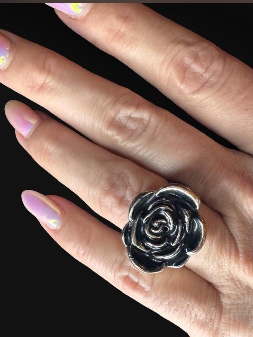 Black enamel rose statement ring silver tone size 8 whimsygoth aesthetic